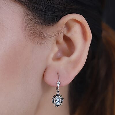 Santa Maria Aquamarine and Multi Color Diamond 1.40 ctw Ocean Blossom Earrings in Rhodium Over Sterling Silver
