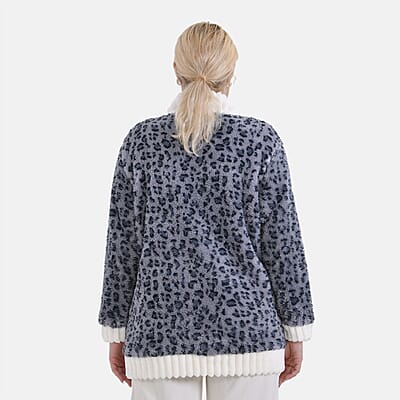 Gray Leopard Pattern Polyester Fluffy Button-up House Lounger with 2 Pocket (One Size Fits up S-XL)