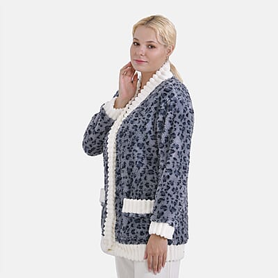 Gray Leopard Pattern Polyester Fluffy Button-up House Lounger with 2 Pocket (One Size Fits up S-XL)