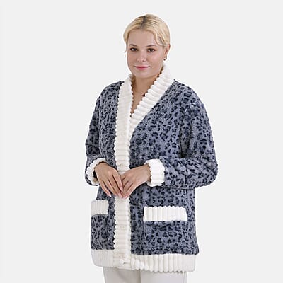 Gray Leopard Pattern Polyester Fluffy Button-up House Lounger with 2 Pocket (One Size Fits up S-XL)
