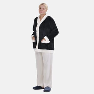 Black and White Polyester Fluffy Button-up House Lounger with 2 Pocket (One Size Fits up S-XL)