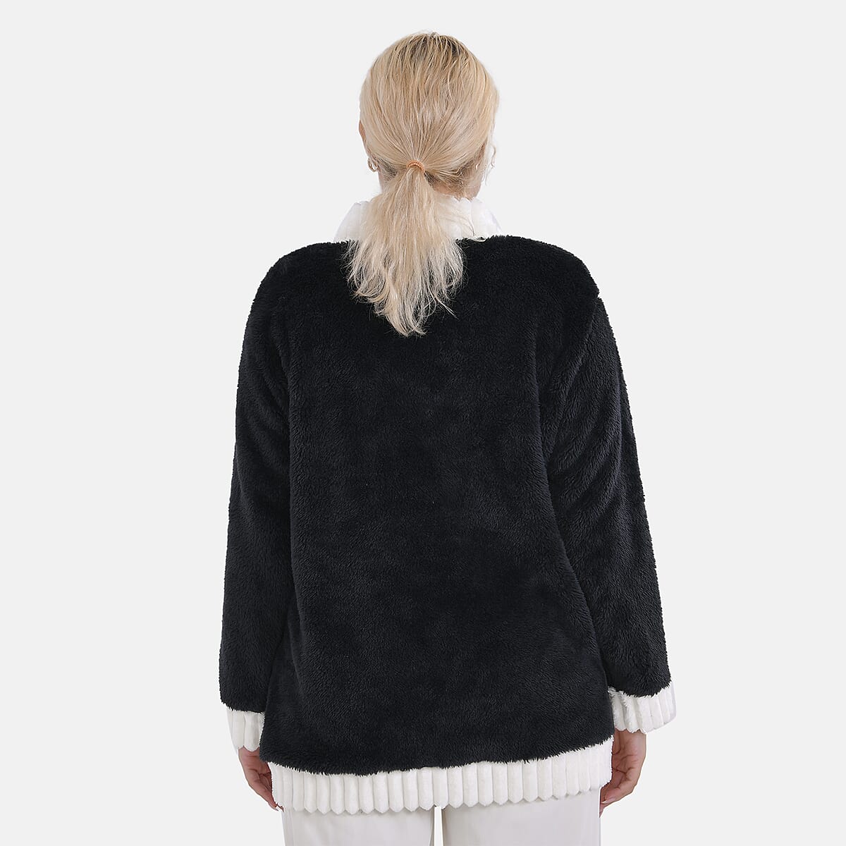 Black and White Polyester Fluffy Button-up House Lounger with 2 Pocket (One Size Fits up S-XL) image number 1
