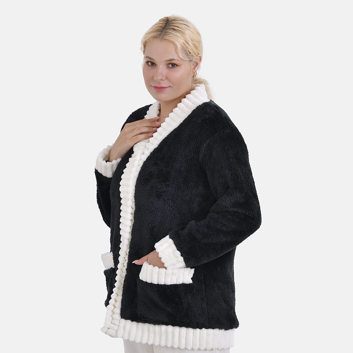 Black and White Polyester Fluffy Button-up House Lounger with 2 Pocket (One Size Fits up S-XL) image number 2