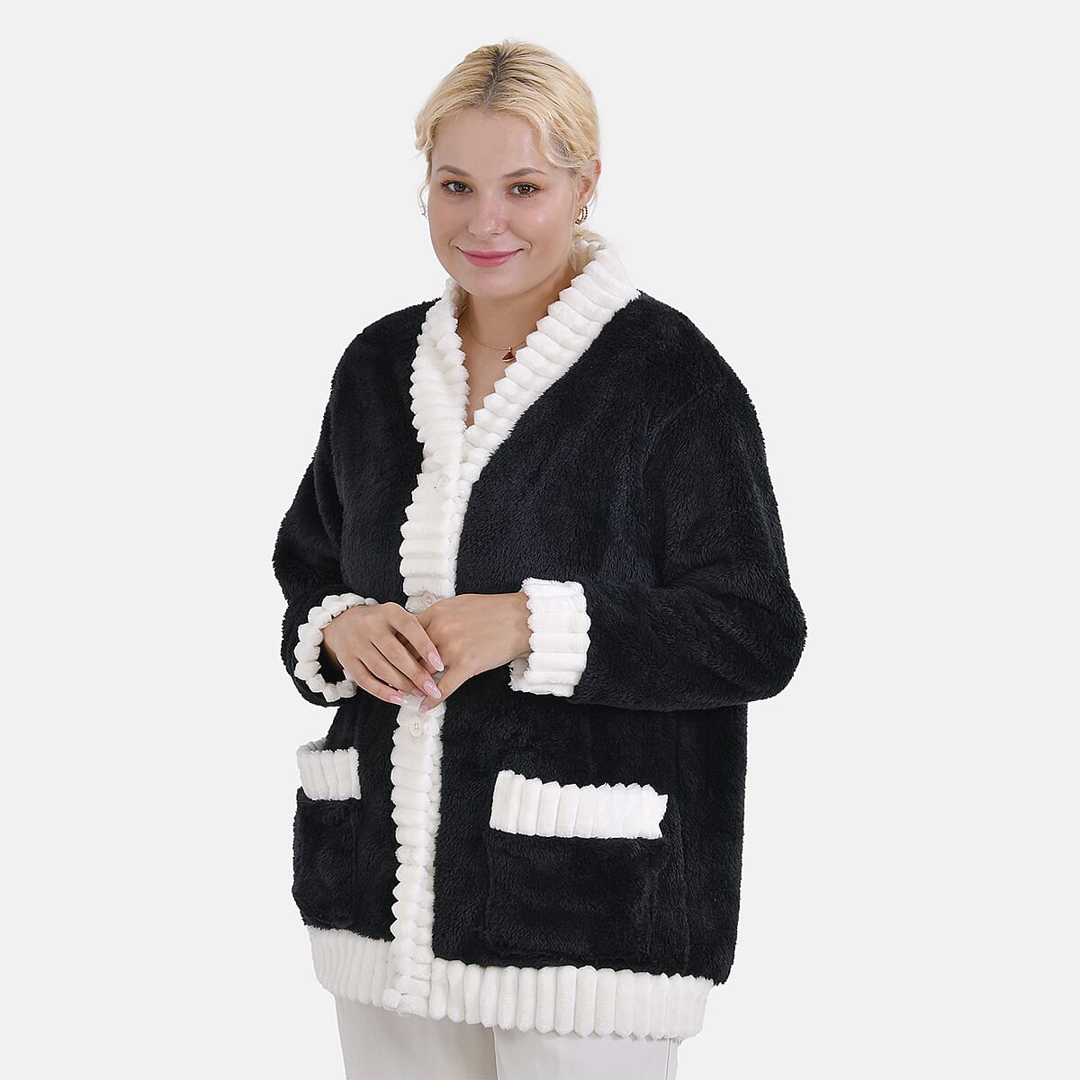 Black and White Polyester Fluffy Button-up House Lounger with 2 Pocket (One Size Fits up S-XL) image number 3