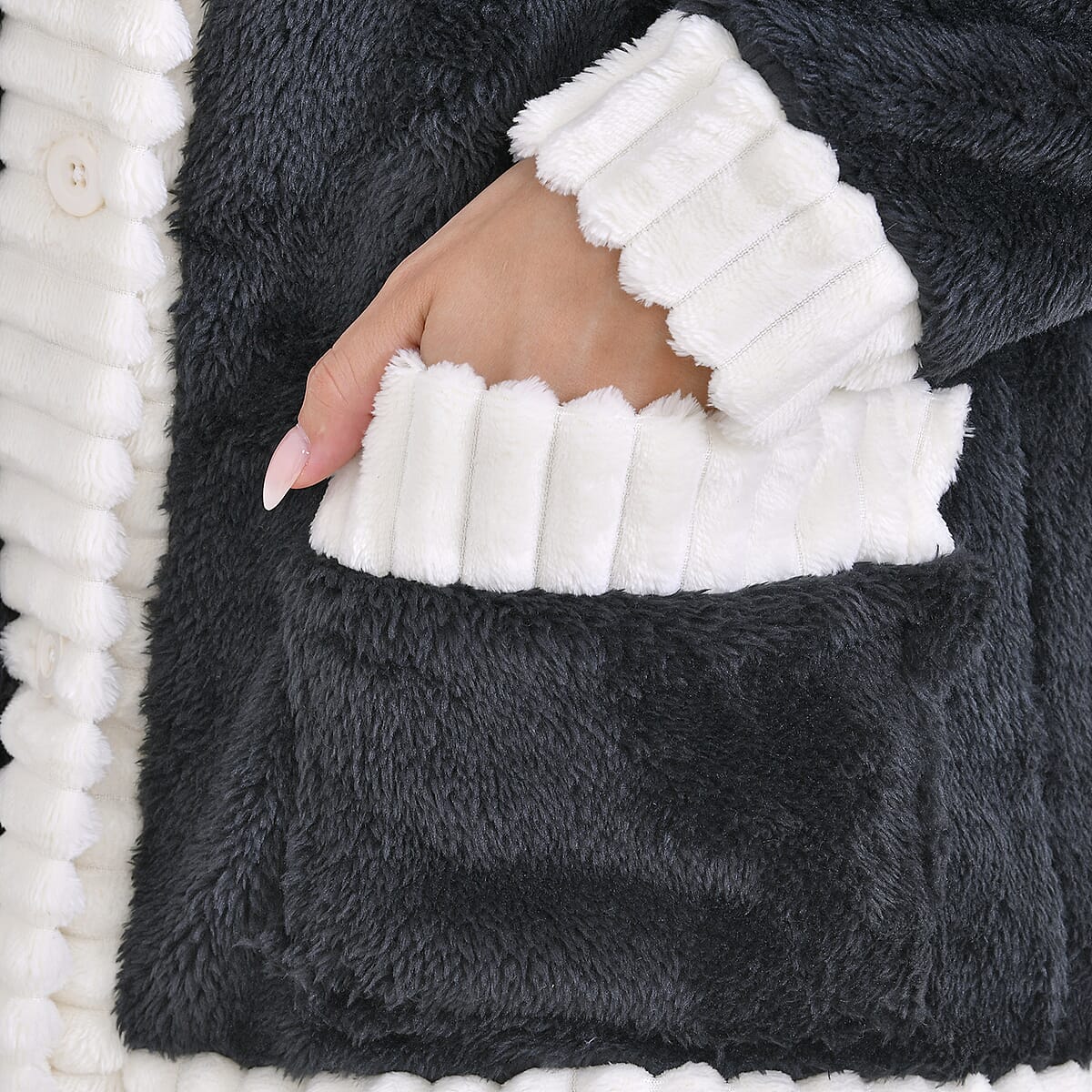 Black and White Polyester Fluffy Button-up House Lounger with 2 Pocket (One Size Fits up S-XL) image number 4