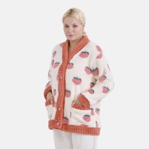 Fruit Pattern Polyester Fluffy Button-up House Lounger with 2 Pocket (One Size Fits up S-XL)