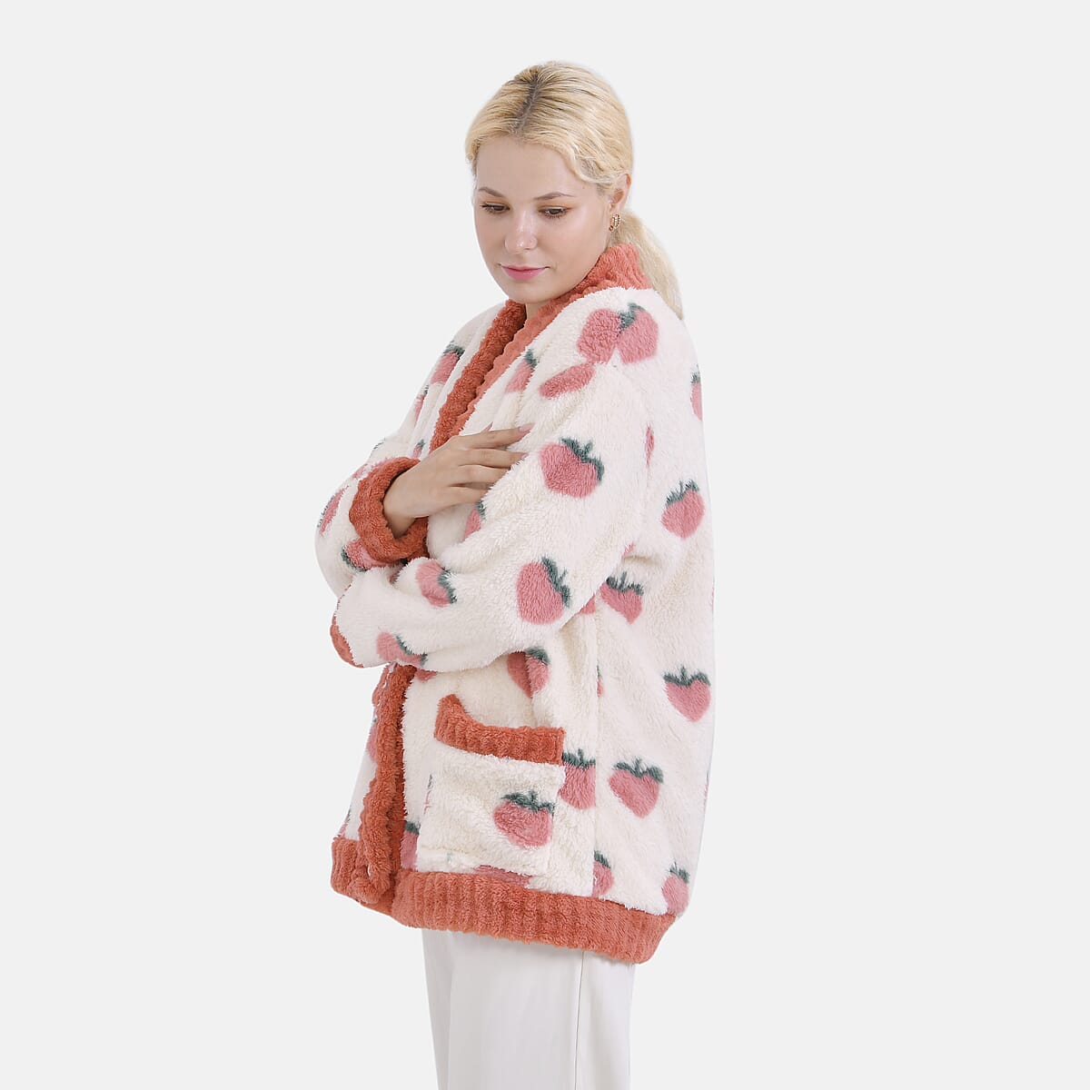Fruit Pattern Polyester Fluffy Button-up House Lounger with 2 Pocket (One Size Fits up S-XL) image number 2