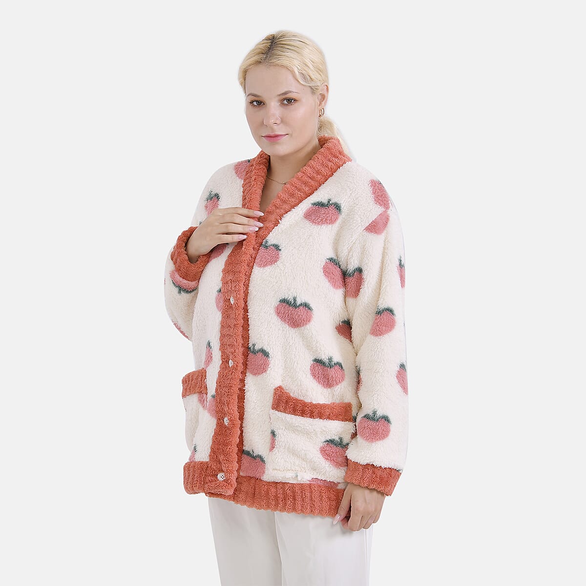 Fruit Pattern Polyester Fluffy Button-up House Lounger with 2 Pocket (One Size Fits up S-XL) image number 3
