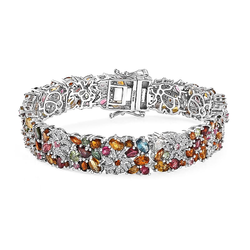 D'Joy Multi-Tourmaline and Moissanite 18.50 ctw Celestial Garden Bracelet in Rhodium Over Sterling Silver (7.25 In)