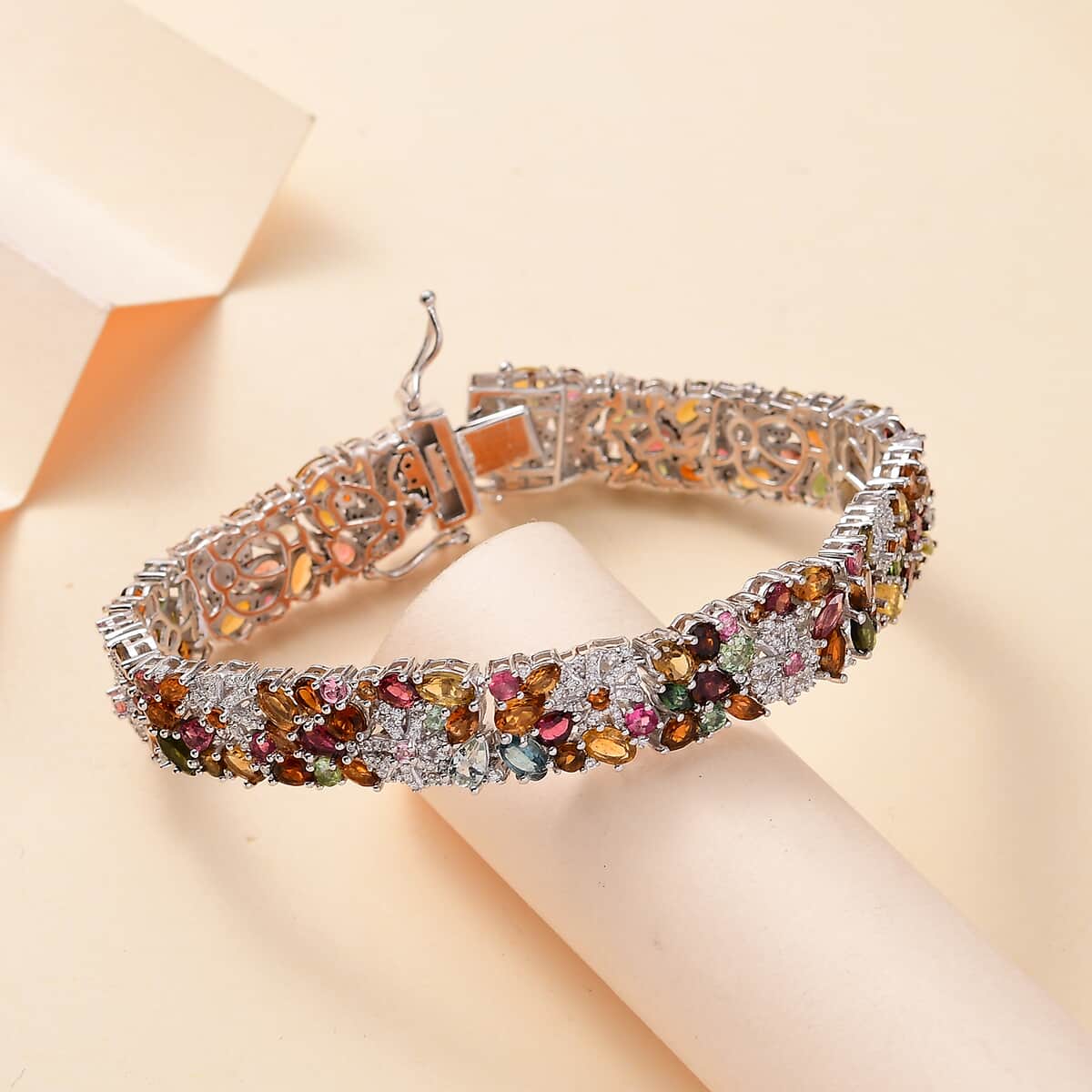 Multi-Tourmaline and Moissanite 18.50 ctw Celestial Garden Bracelet in Rhodium Over Sterling Silver (7.25 In) image number 1