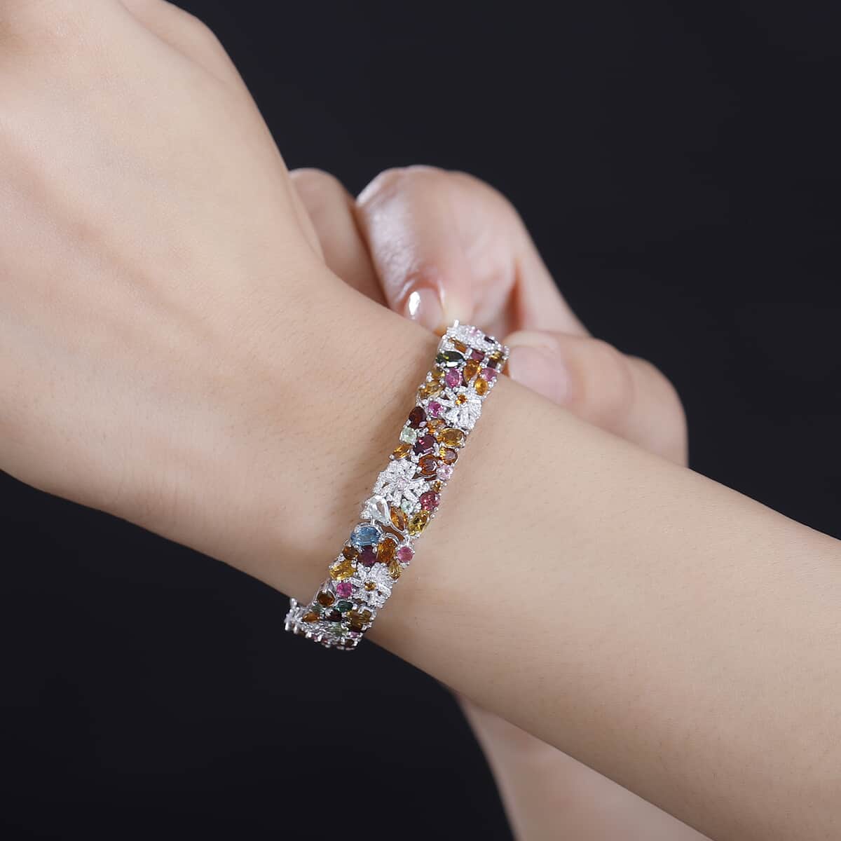 Multi-Tourmaline and Moissanite 18.50 ctw Celestial Garden Bracelet in Rhodium Over Sterling Silver (7.25 In) image number 2