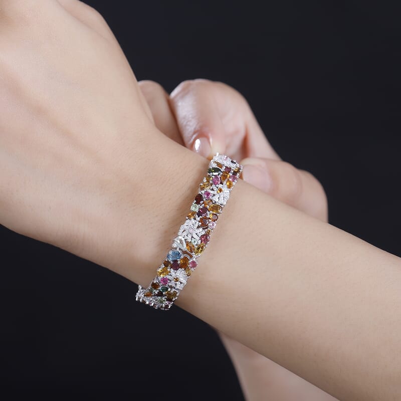 D'Joy Multi-Tourmaline and Moissanite 18.50 ctw Celestial Garden Bracelet in Rhodium Over Sterling Silver (7.25 In)