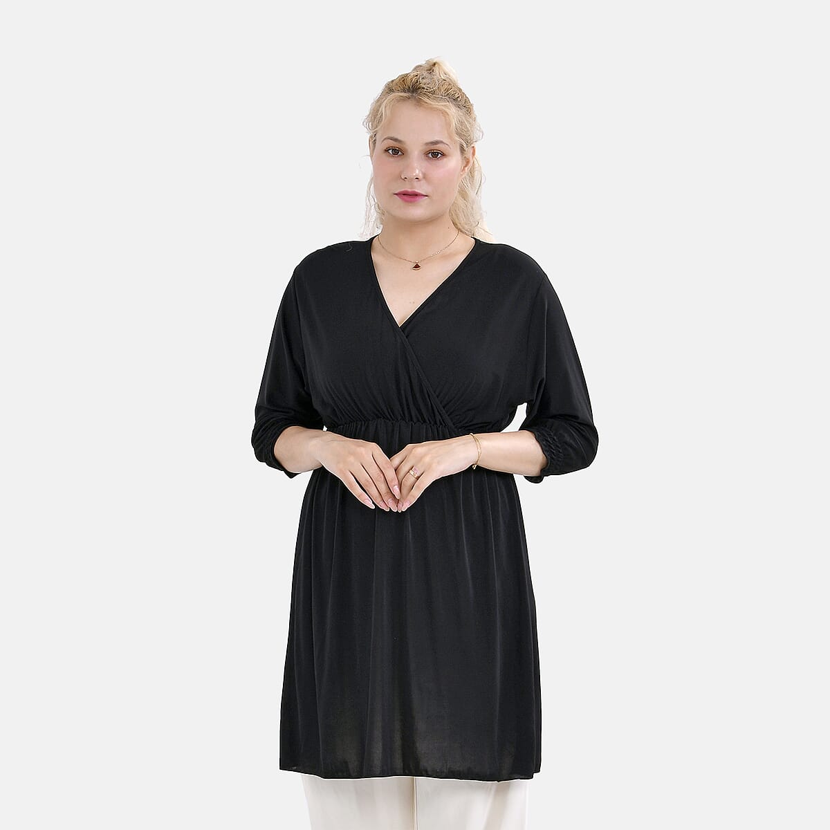 Tamsy Black Elastic Waist 3/4 Sleeve V-Neck Tunic - One Size Fits Most image number 0