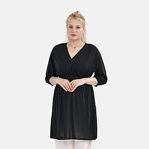 Tamsy Black Elastic Waist 3/4 Sleeve V-Neck Tunic - One Size Fits Most