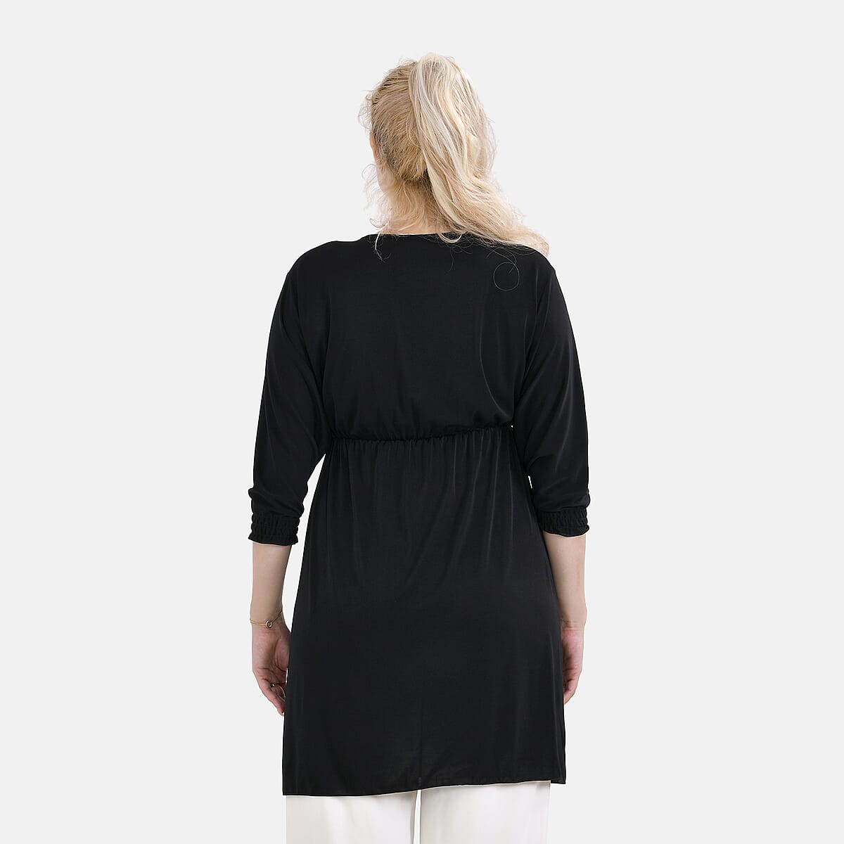 Tamsy Black Elastic Waist 3/4 Sleeve V-Neck Tunic - One Size Fits Most image number 1