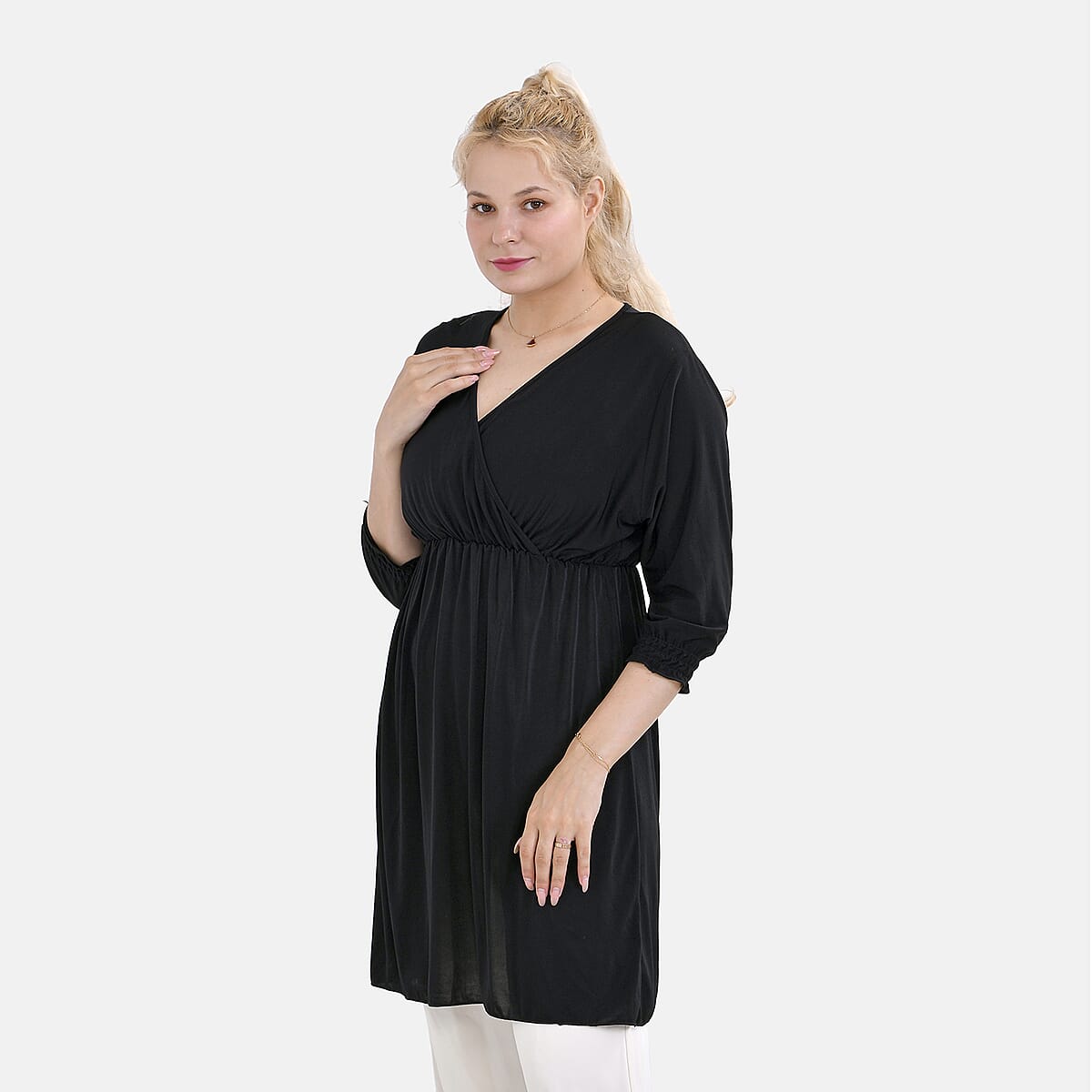 Tamsy Black Elastic Waist 3/4 Sleeve V-Neck Tunic - One Size Fits Most image number 2