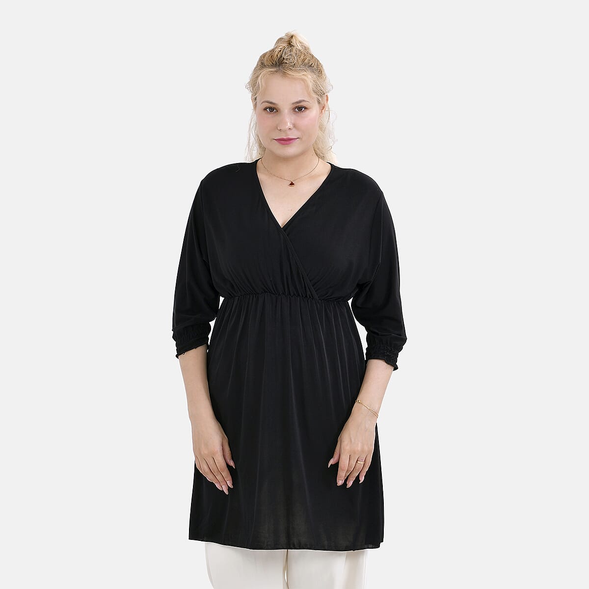 Tamsy Black Elastic Waist 3/4 Sleeve V-Neck Tunic - One Size Fits Most image number 3
