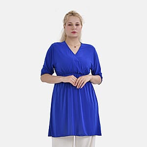 Tamsy Blue Elastic Waist 3/4 Sleeve V-Neck Tunic - One Size Fits Most