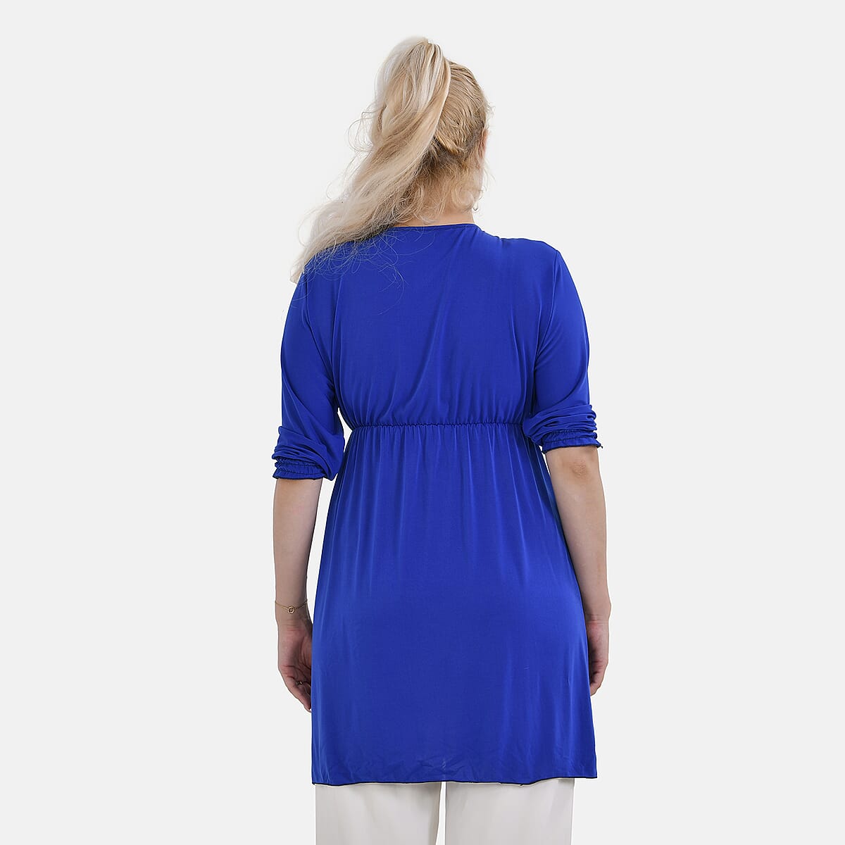Tamsy Blue Elastic Waist 3/4 Sleeve V-Neck Tunic - One Size Fits Most image number 1