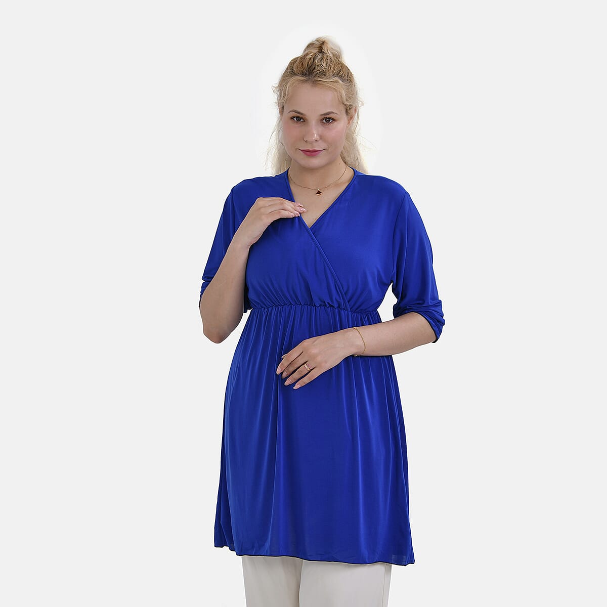Tamsy Blue Elastic Waist 3/4 Sleeve V-Neck Tunic - One Size Fits Most image number 3