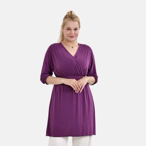 Tamsy Purple Elastic Waist 3/4 Sleeve V-Neck Tunic - One Size Fits Most