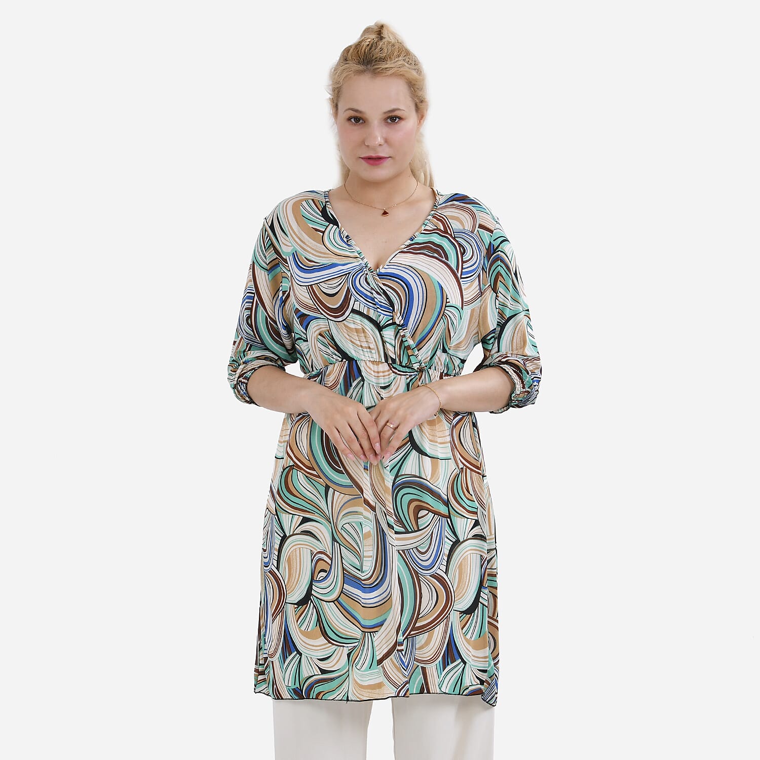 Tamsy Multi Swirl Elastic Waist 3/4 Sleeve V-Neck Tunic - One Size Fits Most
