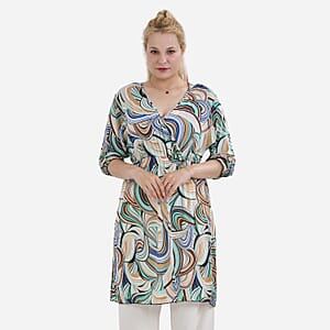 Tamsy Multi Swirl Elastic Waist 3/4 Sleeve V-Neck Tunic - One Size Fits Most