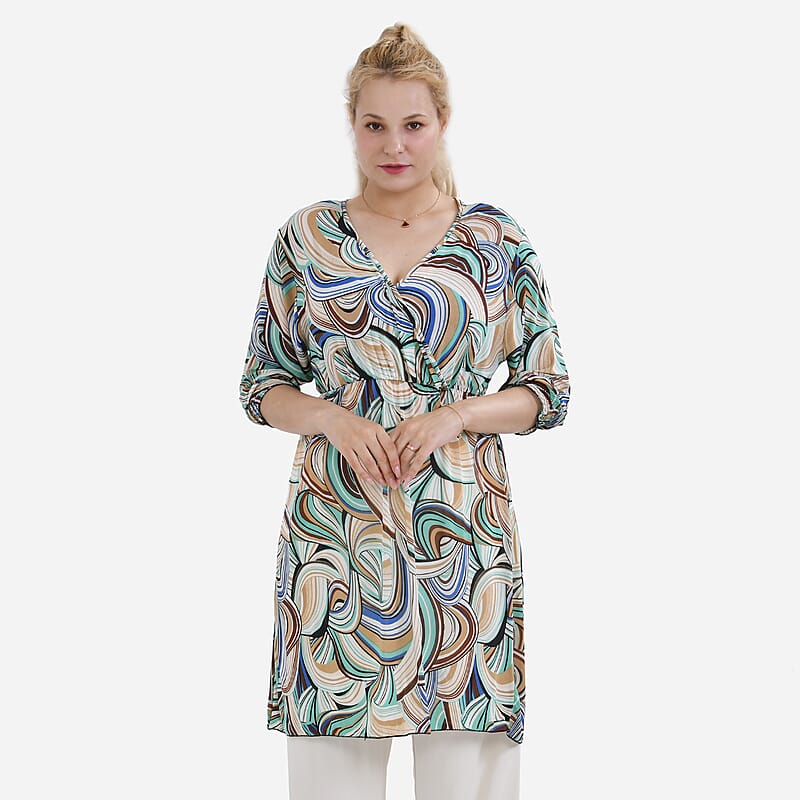 Tamsy Multi Swirl Elastic Waist 3/4 Sleeve V-Neck Tunic - One Size Fits Most
