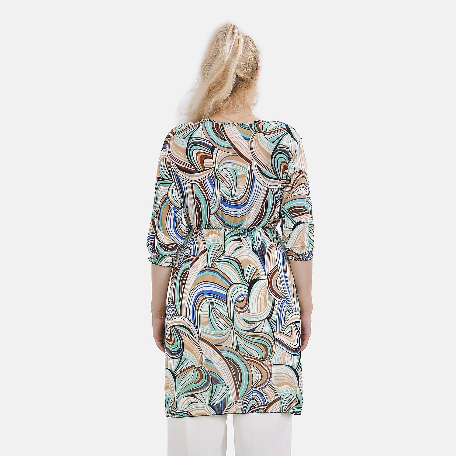 Tamsy Multi Swirl Elastic Waist 3/4 Sleeve V-Neck Tunic - One Size Fits Most