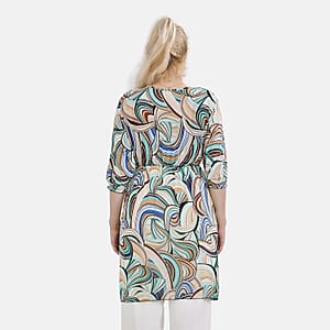 Tamsy Multi Swirl Elastic Waist 3/4 Sleeve V-Neck Tunic - One Size Fits Most