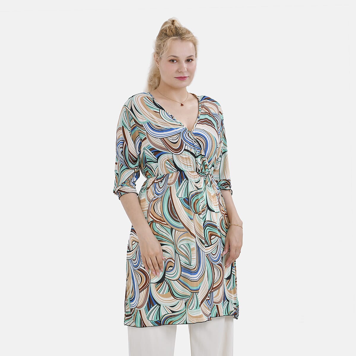 Tamsy Multi Swirl Elastic Waist 3/4 Sleeve V-Neck Tunic - One Size Fits Most image number 3