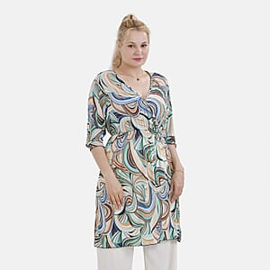 Tamsy Multi Swirl Elastic Waist 3/4 Sleeve V-Neck Tunic - One Size Fits Most