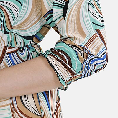Tamsy Multi Swirl Elastic Waist 3/4 Sleeve V-Neck Tunic - One Size Fits Most