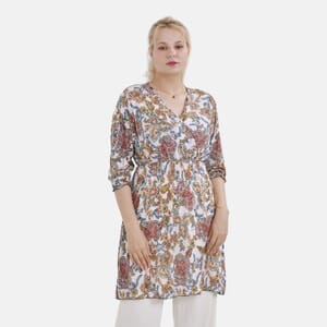 Tamsy White Paisley Elastic Waist 3/4 Sleeve V-Neck Tunic - One Size Fits Most