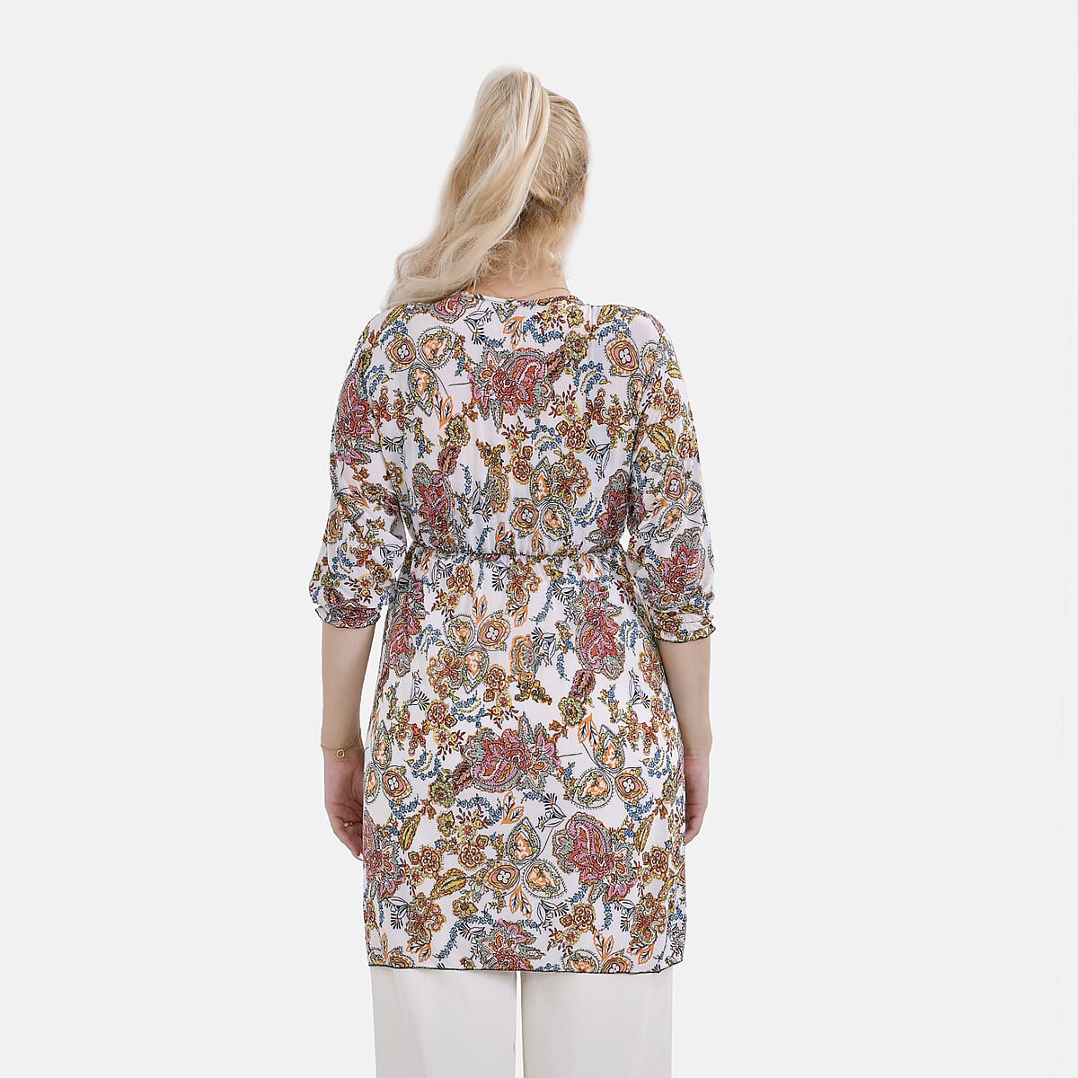 Tamsy White Paisley Elastic Waist 3/4 Sleeve V-Neck Tunic - One Size Fits Most image number 1