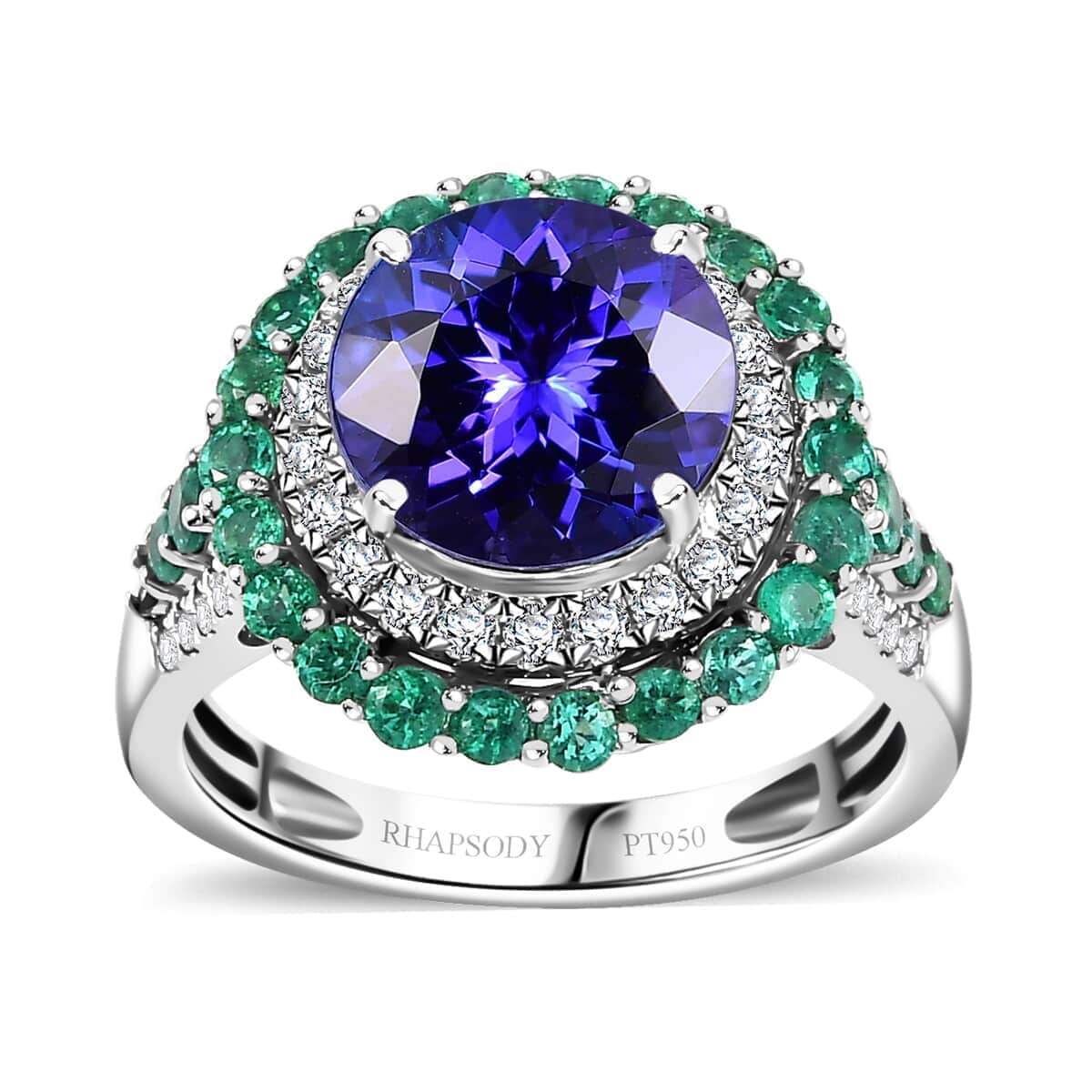 Certified & Appraised Rhapsody AAAA Tanzanite, Boyaca Colombian Emerald and E-F VS Diamond 4.22 ctw Ring in 950 Platinum (Size 6.0) 7.03 Grams image number 0