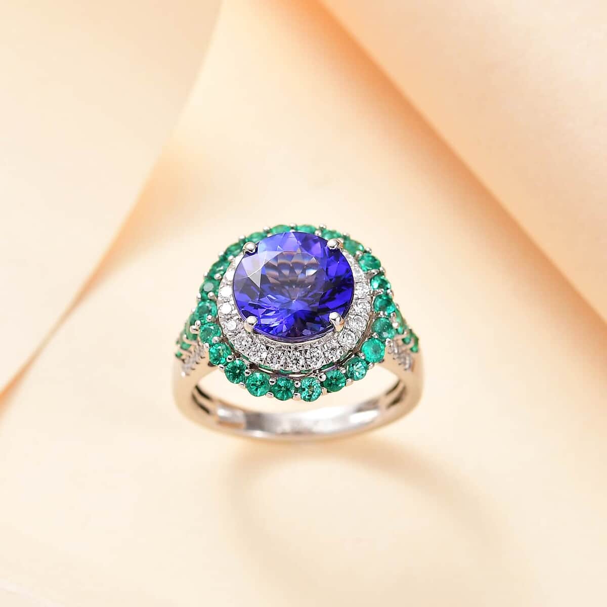 Certified & Appraised Rhapsody 950 Platinum AAAA Tanzanite, Boyaca Colombian Emerald, Diamond (E-F, VS) (0.32 cts) Ring (Size 6.0) (8.90 g) 4.22 ctw image number 1