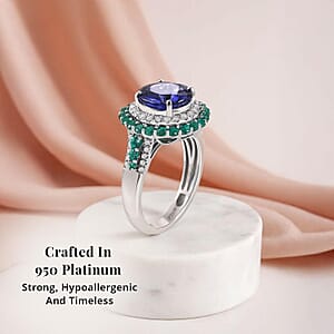 Certified & Appraised Rhapsody AAAA Tanzanite, Boyaca Colombian Emerald and E-F VS Diamond 4.22 ctw Ring in 950 Platinum (Size 6.0) 7.03 Grams