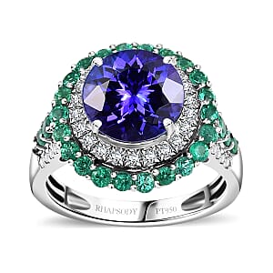 Certified & Appraised Rhapsody AAAA Tanzanite, Boyaca Colombian Emerald and E-F VS Diamond 4.22 ctw Ring in 950 Platinum (Size 7.0) 7.03 Grams