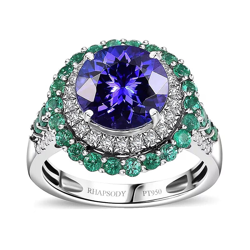 Certified & Appraised Rhapsody AAAA Tanzanite, Boyaca Colombian Emerald and E-F VS Diamond 4.22 ctw Ring in 950 Platinum (Size 7.0) 7.03 Grams