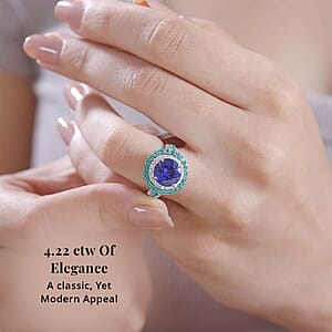 Certified & Appraised Rhapsody AAAA Tanzanite, Boyaca Colombian Emerald and E-F VS Diamond 4.22 ctw Ring in 950 Platinum (Size 7.0) 7.03 Grams