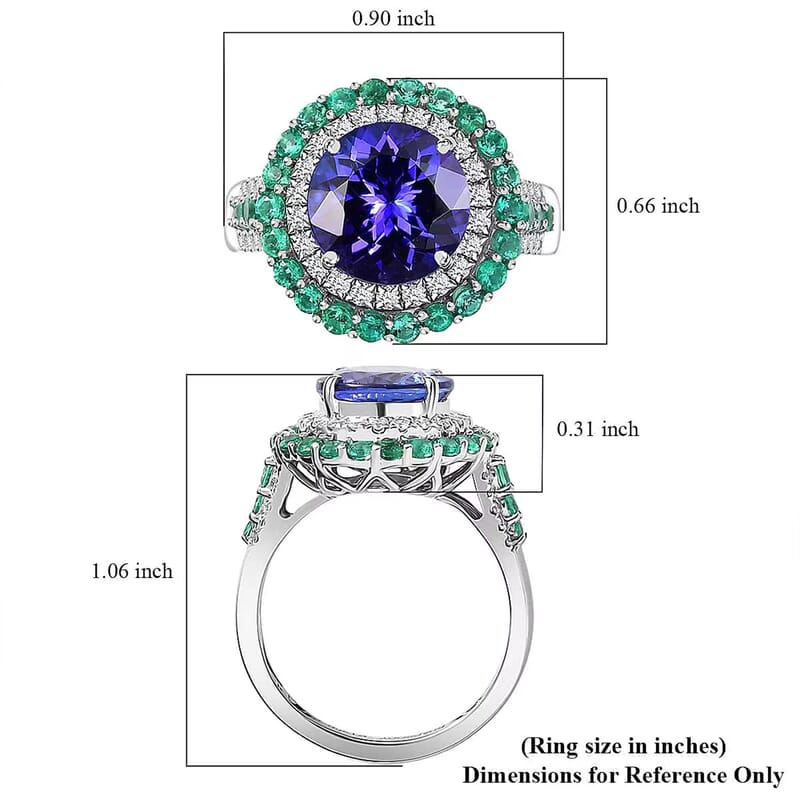 Certified & Appraised Rhapsody AAAA Tanzanite, Boyaca Colombian Emerald and E-F VS Diamond 4.22 ctw Ring in 950 Platinum (Size 7.0) 7.03 Grams