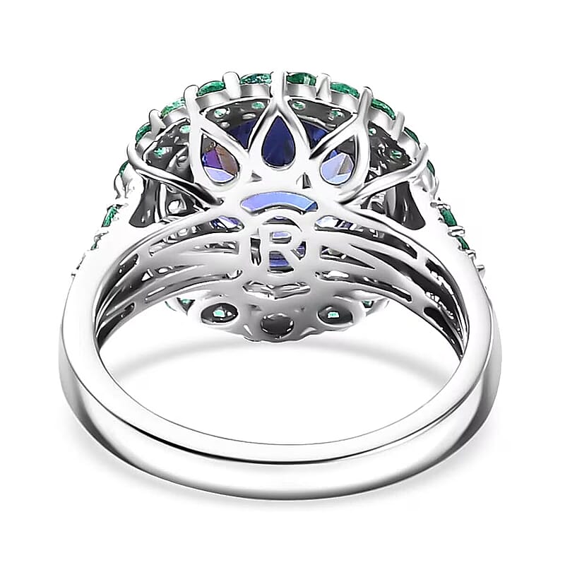 Certified & Appraised Rhapsody AAAA Tanzanite, Boyaca Colombian Emerald and E-F VS Diamond 4.22 ctw Ring in 950 Platinum (Size 7.0) 7.03 Grams
