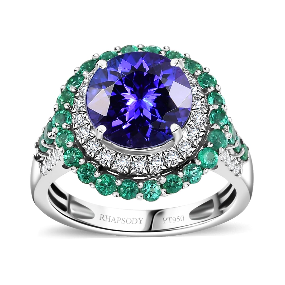 Certified & Appraised Rhapsody 950 Platinum AAAA Tanzanite, Boyaca Colombian Emerald, Diamond (E-F, VS) (0.32 cts) Ring (Size 8.0) (7.03 g) 4.22 ctw image number 0