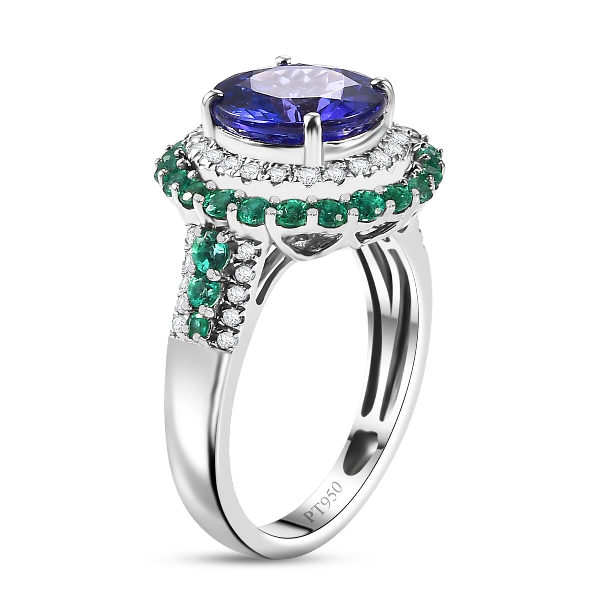 Certified & Appraised Rhapsody 950 Platinum AAAA Tanzanite, Boyaca Colombian Emerald, Diamond (E-F, VS) (0.32 cts) Ring (Size 8.0) (7.03 g) 4.22 ctw image number 3
