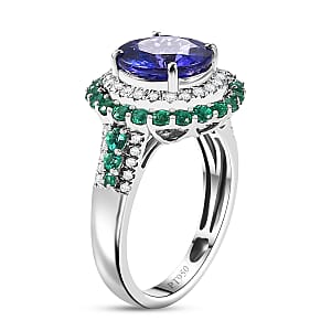 Certified & Appraised Rhapsody 950 Platinum AAAA Tanzanite, Boyaca Colombian Emerald, Diamond (E-F, VS) (0.32 cts) Ring (Size 8.0) (7.03 g) 4.22 ctw