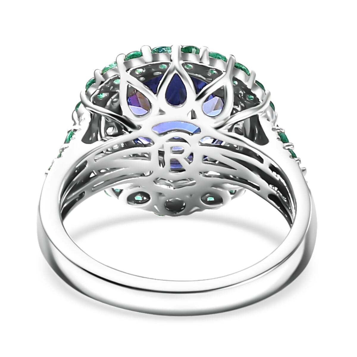 Certified & Appraised Rhapsody 950 Platinum AAAA Tanzanite, Boyaca Colombian Emerald, Diamond (E-F, VS) (0.32 cts) Ring (Size 8.0) (7.03 g) 4.22 ctw image number 4