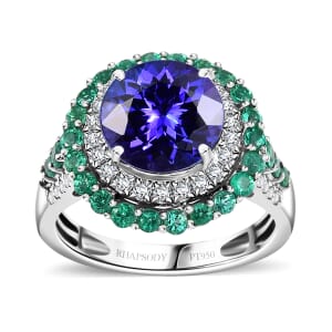 Certified & Appraised Rhapsody AAAA Tanzanite, Boyaca Colombian Emerald and E-F VS Diamond 4.22 ctw Ring in 950 Platinum (Size 9.0) 7.03 Grams