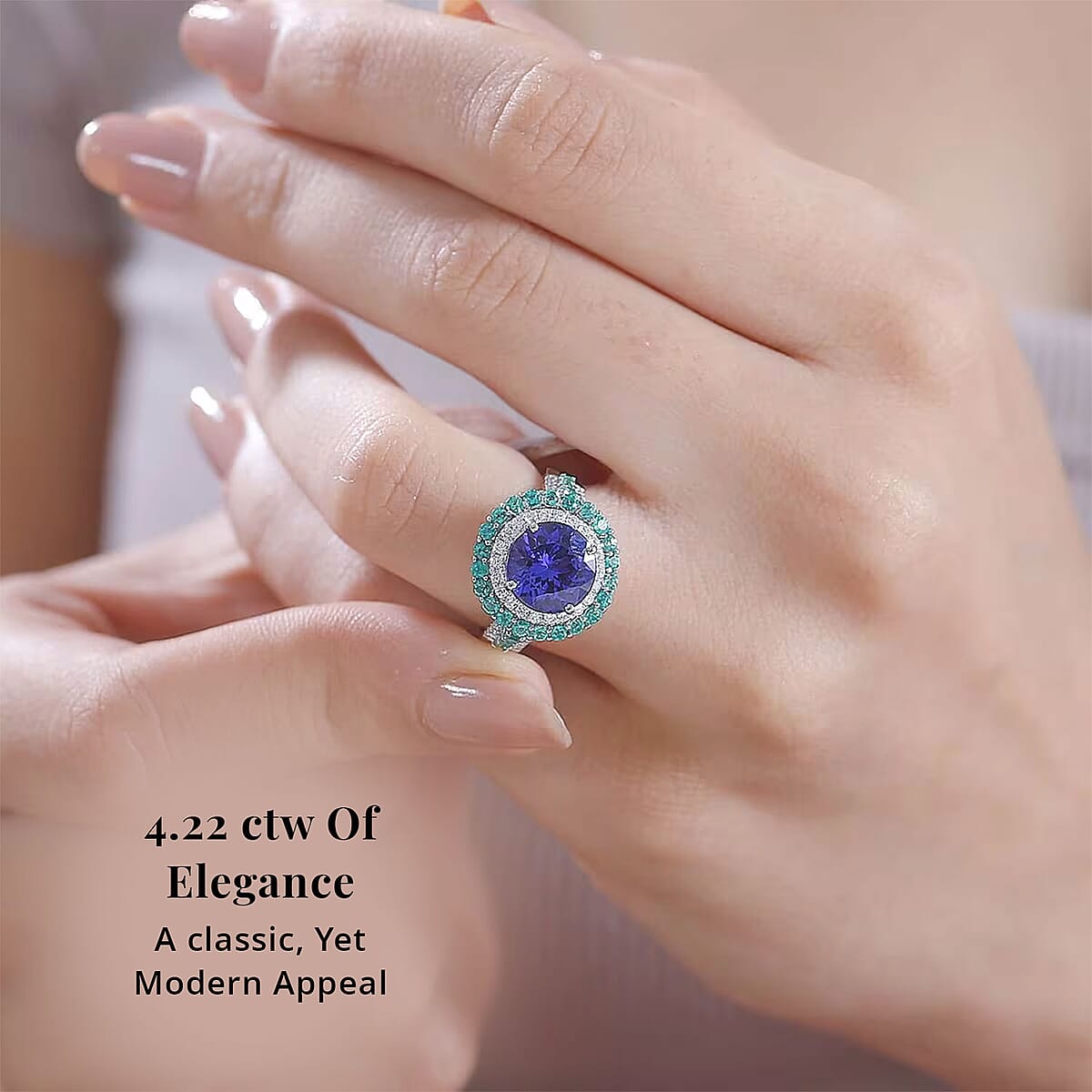 Certified & Appraised Rhapsody AAAA Tanzanite, Boyaca Colombian Emerald and E-F VS Diamond 4.22 ctw Ring in 950 Platinum (Size 9.0) 7.03 Grams image number 1