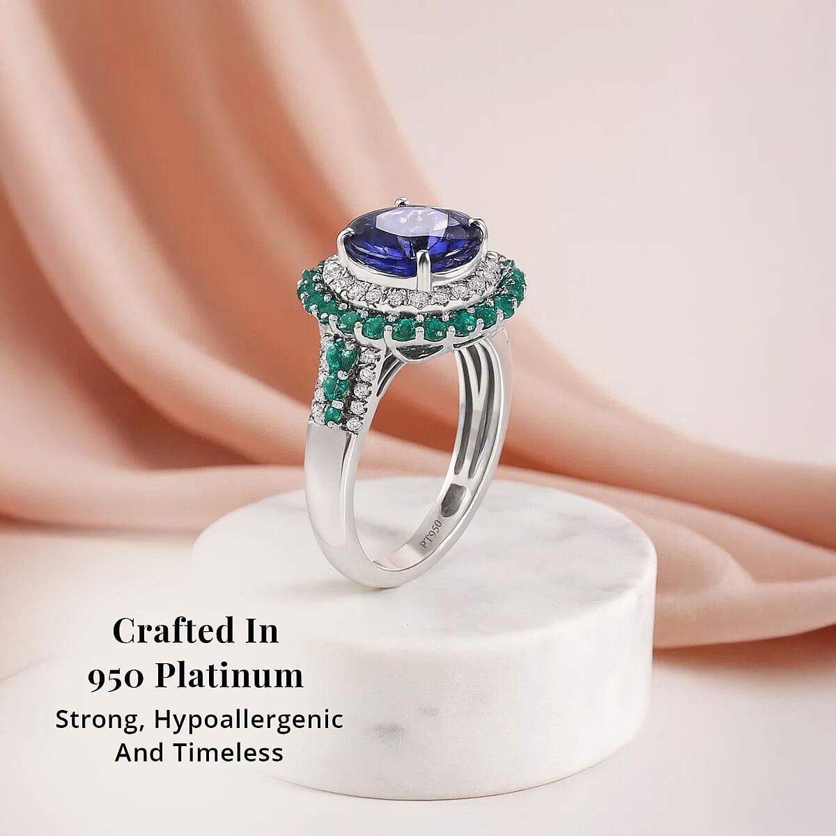 Certified & Appraised Rhapsody AAAA Tanzanite, Boyaca Colombian Emerald and E-F VS Diamond 4.22 ctw Ring in 950 Platinum (Size 9.0) 7.03 Grams image number 2